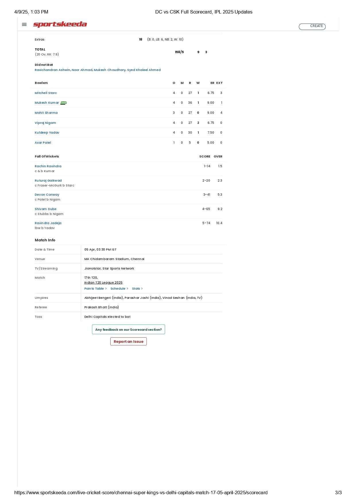 DC vs CSK 2025 scorecard.